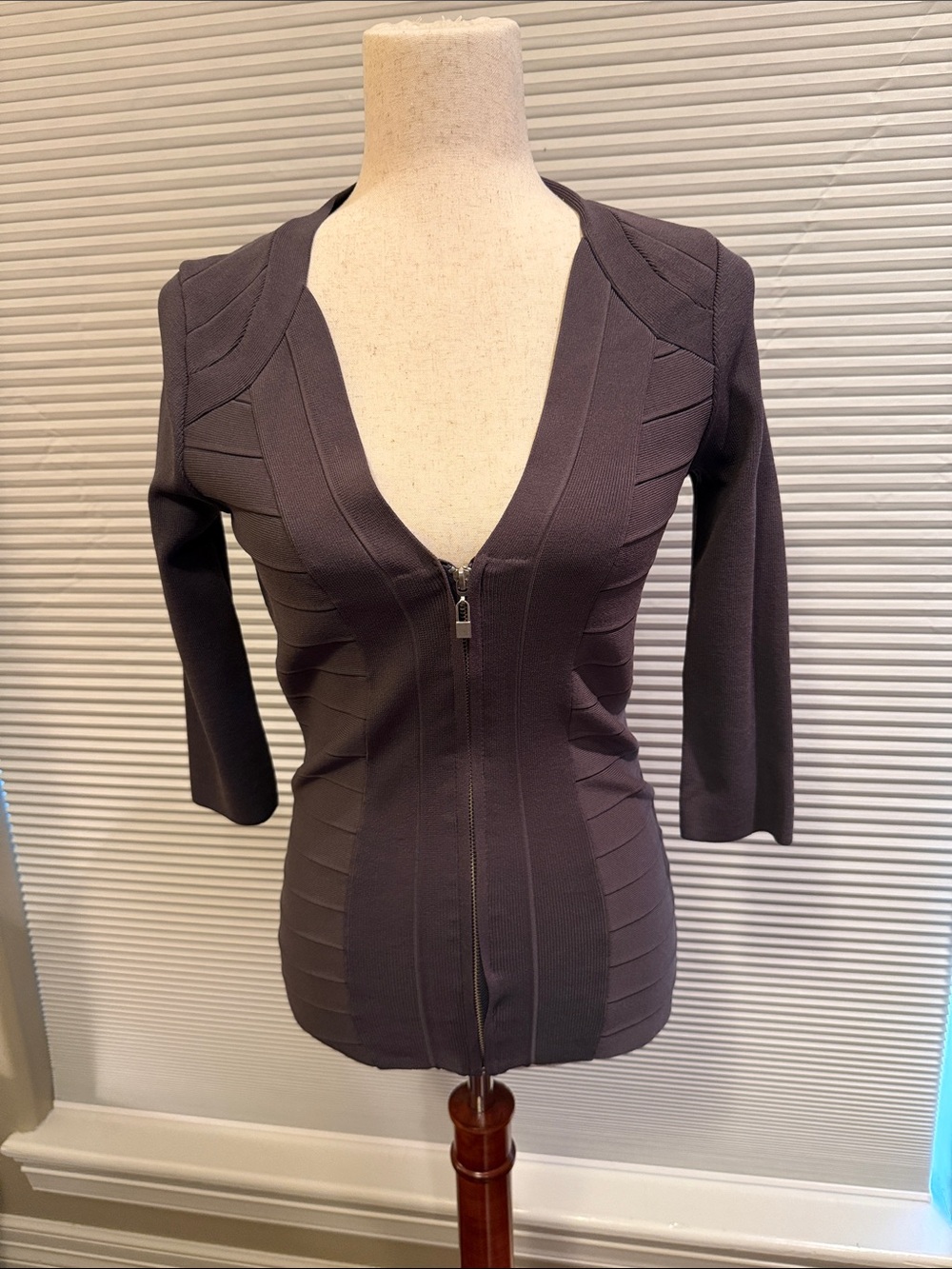 Boston Proper-Zip Front Structured Knit Top in Charcoal